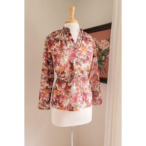 70s Floral Long Sleeve Tie Neck or Waist 1970s Feminine Bohemian Vintage Blouse - Picture 6 of 16